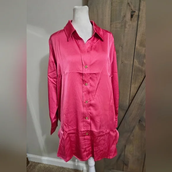 ENTRO Satin Long Sleeve Relaxed Fit Button Up Blouse In Hot Pink. Size Med NWT - Picture 10 of 16